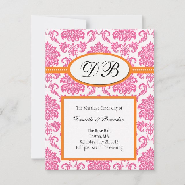 Rosa och orange Damaskus-monogram bröllopsinbjudan Inbjudningar (Framsida)