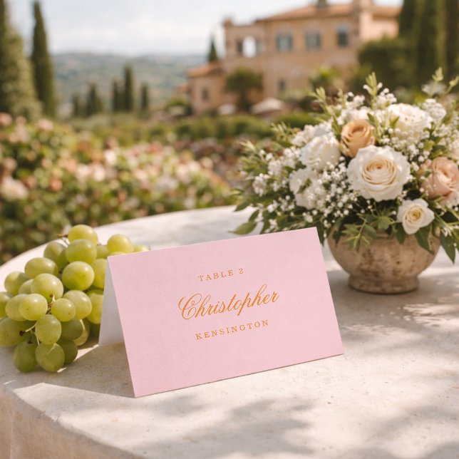 Rosa och orange elegant bröllopsplatskort med skri bordsnummer (Skapare uppladdad)