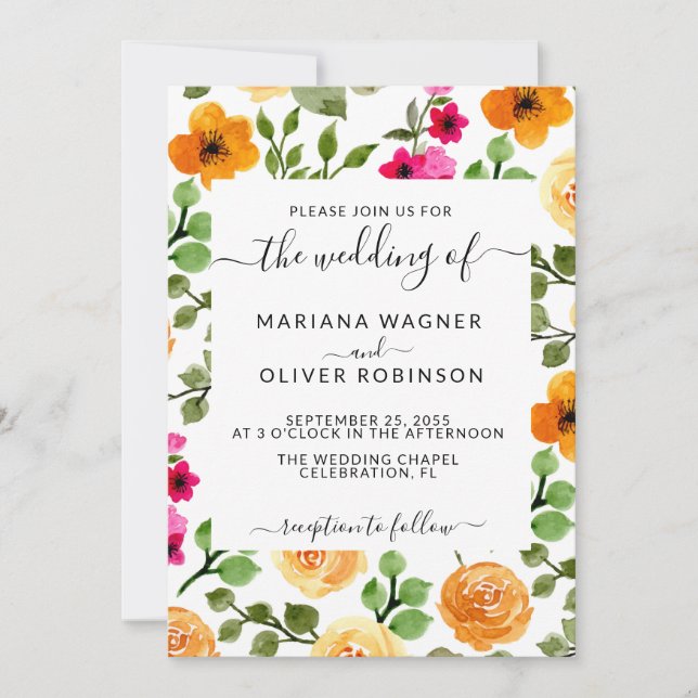 Rosa och orange enfaldig blomsterelegant skrift inbjudningar (Framsida)