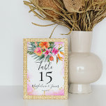 Rosa och Orange Färgfläckar vid Tropiska Blommigte Bordsnummer<br><div class="desc">Det tropiska bröllop-projektet är perfekt för par som planerar ett sommarbröllop, en strand eller ett tropiskt destinationsbröllop. Kortet har en vacker och levande vattenfärgskonstruktion med tropiska blommor i skuggor av rosa och orange, vilket påminner om ett fantastiskt öparadis. Kortet är accentuerat med faux guld glitter inslag som tillför ett glamoröst...</div>