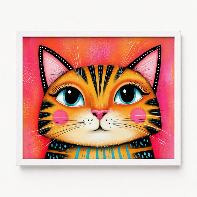 Rosa och orange flickig tabbymålning poster (Pink and Orange Girly Tabby Cat Painting Poster)