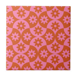Rosa och Orange Flowers på Mid Century Scallop Kakelplatta
