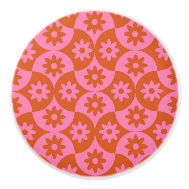Rosa och Orange Flowers på Mid Century Scallop Knopp (Framsidan)