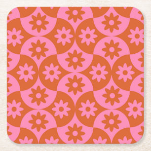 Rosa och Orange Flowers på Mid Century Scallop Underlägg Papper Kvadrat