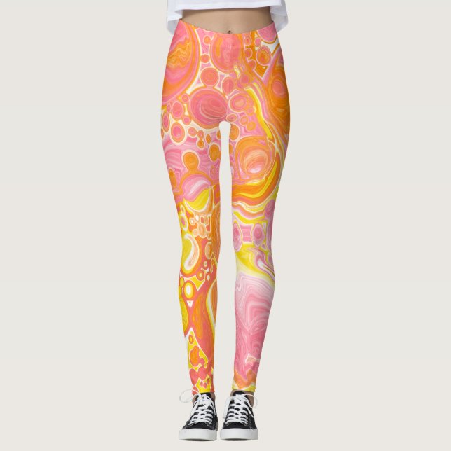 Rosa och Orange Fluid Art Leggings (Framsida)