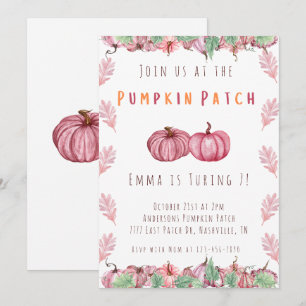 Rosa och Orange Girls Pumpkin Patch Birthday Inbjudningar