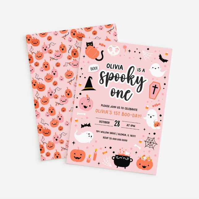 Rosa och orange Halloween 1-års födelsedagsinbjuda Inbjudningar (White BG Pink and Orange Halloween 1st Birthday Invitation)