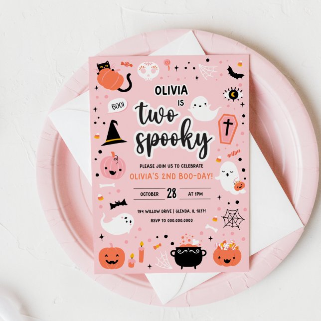 Rosa och Orange Halloween 2:a födelsedagsinbjudan Inbjudningar (Pink and Orange Halloween 2nd Birthday Invitation )
