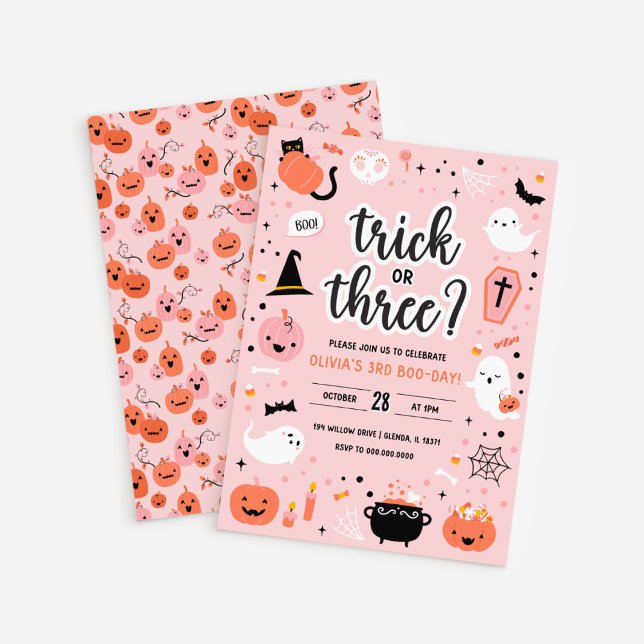 Rosa och Orange Halloween 3:e födelsedagsinbjudan Inbjudningar (Pink and Orange Halloween 3rd Birthday Invitation )
