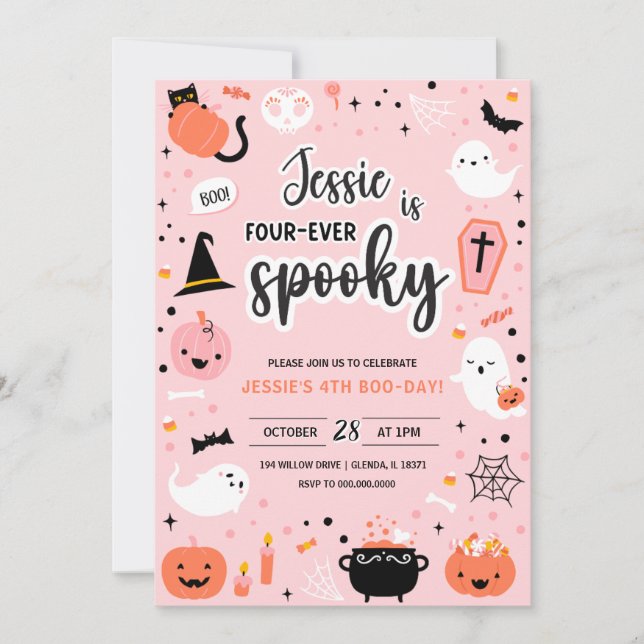 Rosa och orange Halloween 4-års födelsedagsinbjuda Inbjudningar (Framsida)