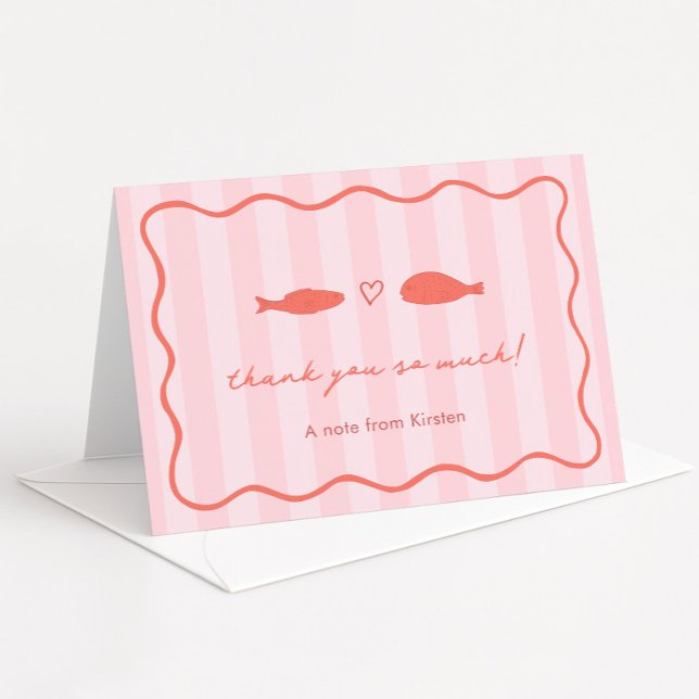 Rosa och Orange Hand plockade Möhippa Tack Kort (Colorful Pink And Orange Two Less Fish In The Sea theme bridal shower thank you card)