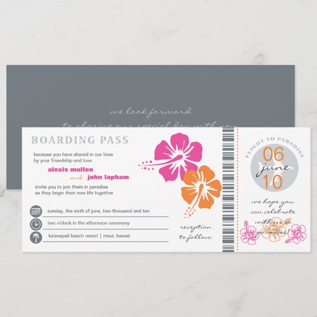 Rosa och orange hibiskus boardingkort bröllop inbjudningar (Fram/baksida)