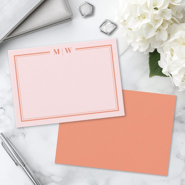 Rosa och orange initialmonogram anteckningskort (Pink And Orange Initial Monogram Note Card)