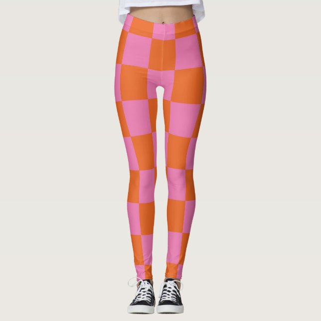 Rosa och Orange Kontrollerad Mönster Leggings (Framsida)