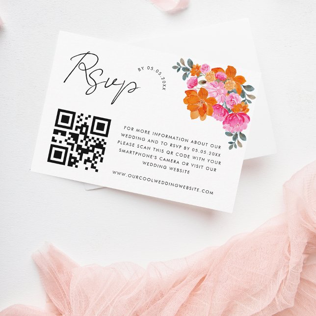 Rosa och orange livfulla blommiga QR-kod RSVP-kort Tilläggskort (Skapare uppladdad)