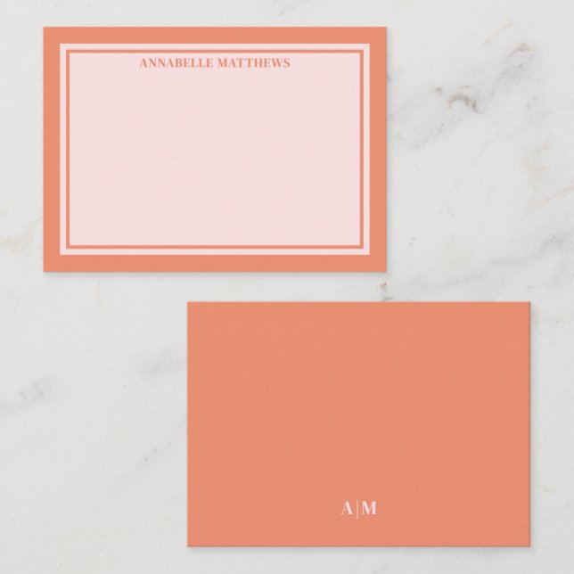 Rosa och orange minimalistisk monogram anteckningskort (Fram/baksida)