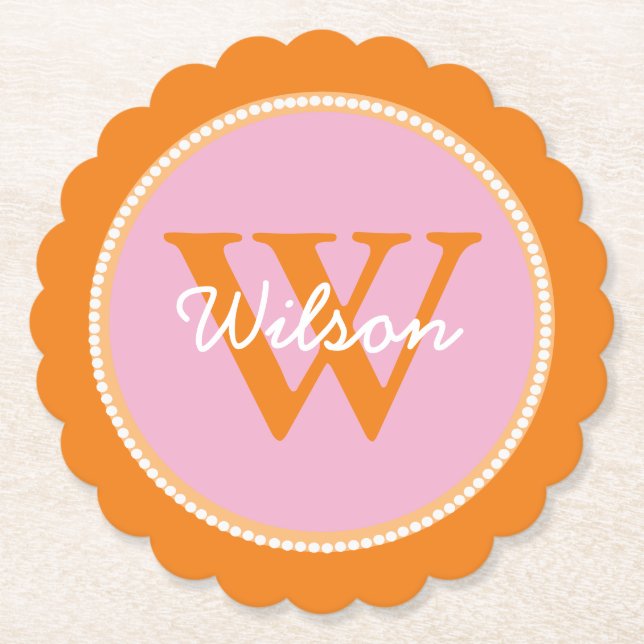 Rosa och Orange Monogrammed Pappert Underlägg Papper (Framsida)