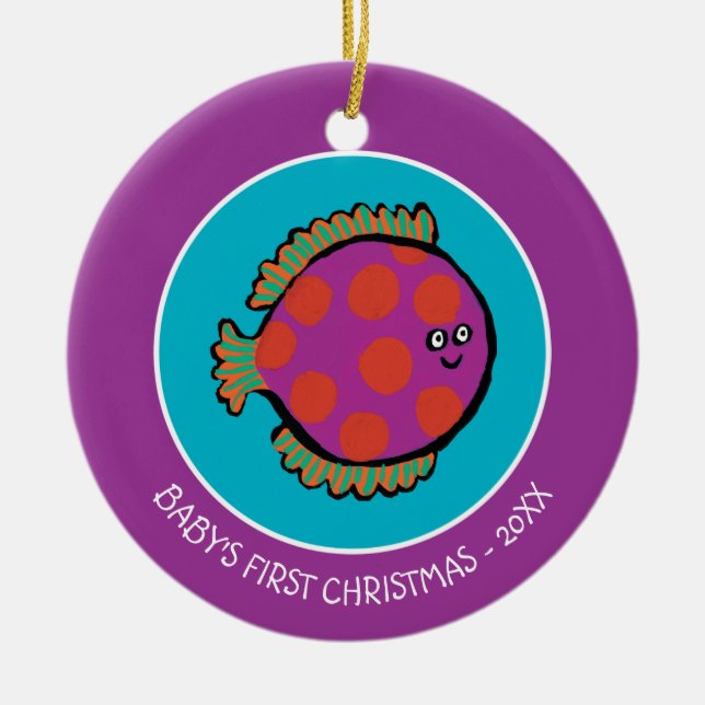 Rosa och Orange Polka-Dot-fisk Julgransprydnad Keramik (Framsidan)