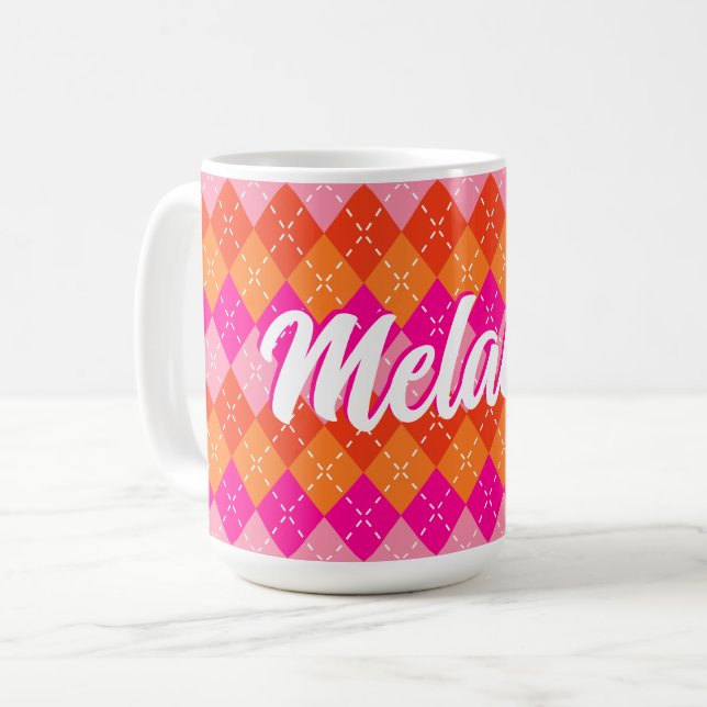 Rosa och Orange Preppy Argyle Personlig Kaffemugg (Framsida vänster)