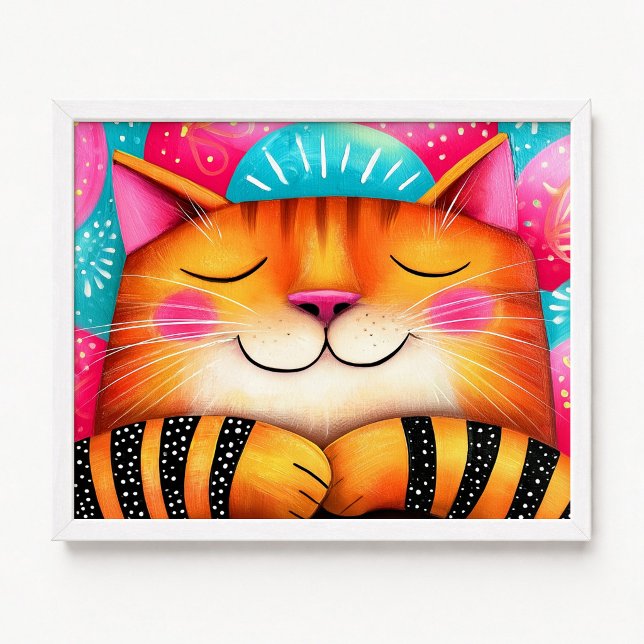 Rosa och orange sömnig tabbymålning av katt poster (Pink and Orange Sleepy Tabby Cat Painting Poster)