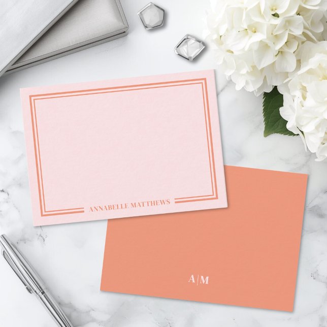 Rosa och orange tvåkantrad monogram anteckningskort (Pink And Orange Two Border Monogram Note Card)