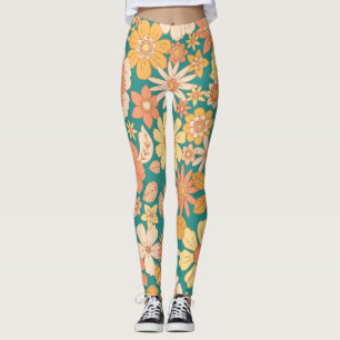rosa och orange vårblommor mönster leggings
