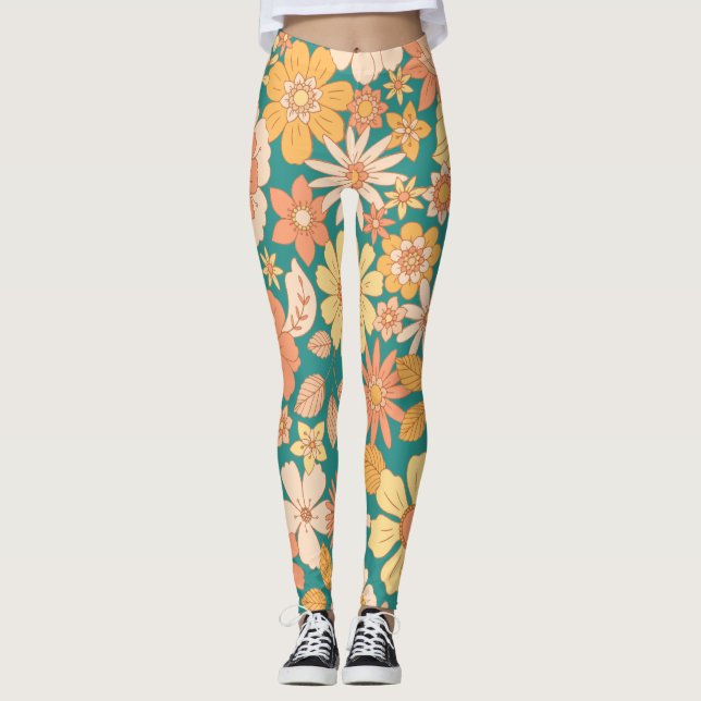 rosa och orange vårblommor mönster leggings (Framsida)