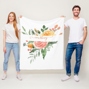 Rosa och orange vattenfärg blommig personlig fleecefilt