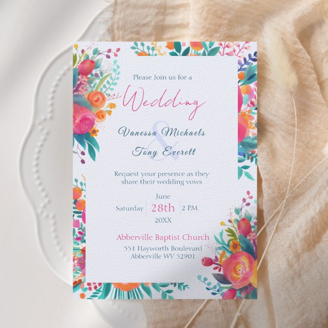 Rosa och Orange Vattenfärg Tropiska Blommigten Brö Inbjudningar (Pink Orange and Teal Watercolor Floral Wedding Invitation)