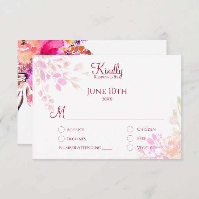 Rosa och Orange Vattenfärgsblommor Elegant bröllop OSA Kort (Fram/baksida)