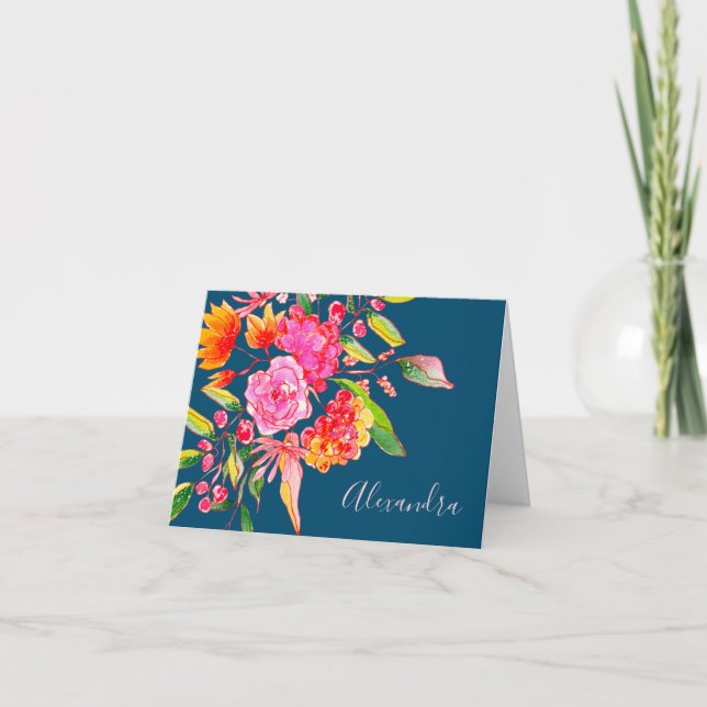 Rosa och Orange Vattenfärgsblommor Namn Anteckningskort (Framsida)