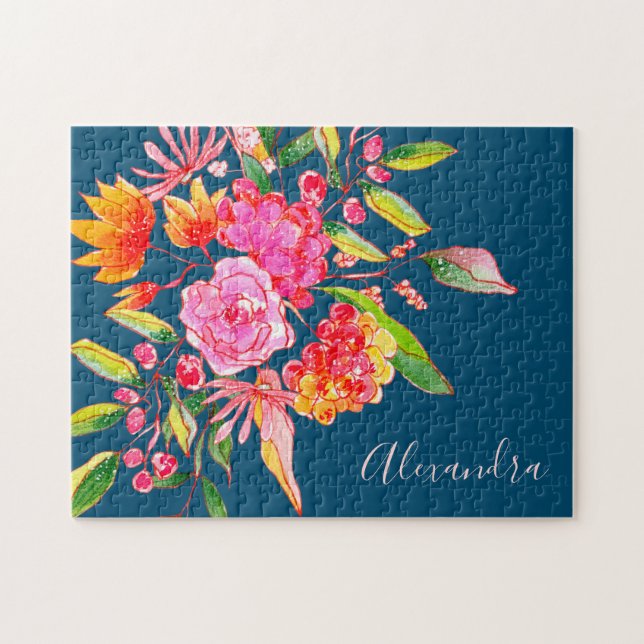 Rosa och Orange Vattenfärgsblommor Namn Pussel (Horisontell)