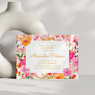Rosa och Orange Vattenfärgsblommor QUINCEAÑERA Inbjudningar