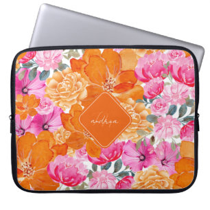 Rosa och Orange Vibrant Summer Garden Monogram Blo Laptop Fodral