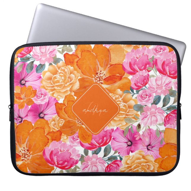Rosa och Orange Vibrant Summer Garden Monogram Blo Laptop Fodral (Framsidan)