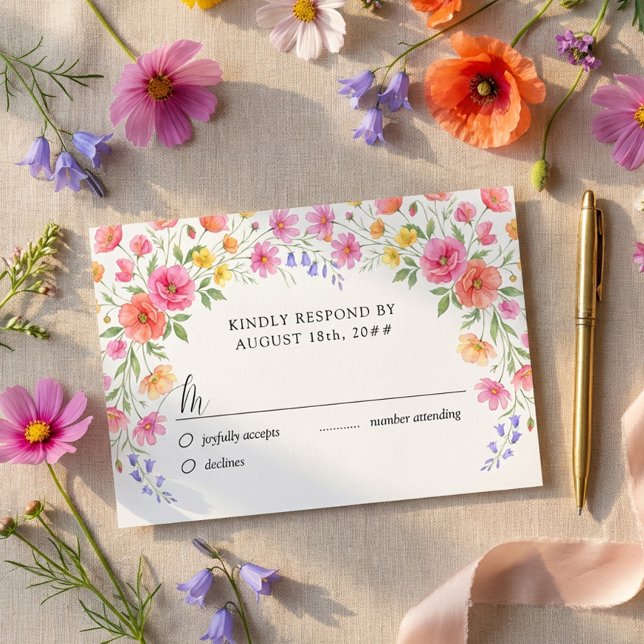 Rosa och orange vildblomma bröllop RSVP-kort OSA Kort (Pretty floral RSVP card from the Wildflower Bloom collection by Darling & May)