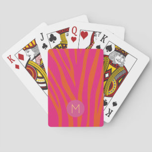 Rosa och orange zebraränder Modernt monogram Casinokort