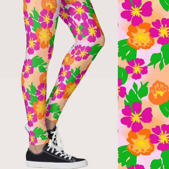 Rosa och orangea tropiska blommor mönstrade leggings (Skapare uppladdad)