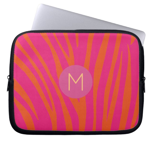 Rosa och orangea zebraränder Modernt monogram Laptop Fodral (Framsidan)