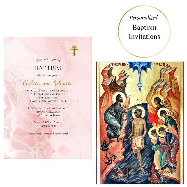 Rosa och ortodox-baptism i Guld Glitter Inbjudningar (Skapare uppladdad)
