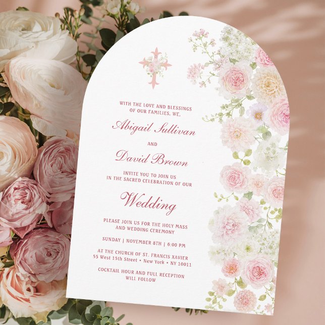 Rosa och päronblommakapel religiös bröllop inbjudningar (Skapare uppladdad)