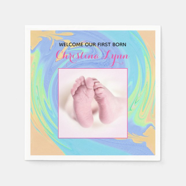 Rosa och pastel första född med foto pappersservett (Framsidan)