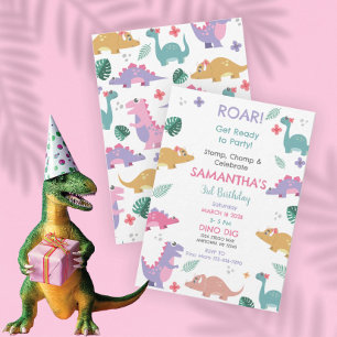 Rosa och pastellfärgade flickors dinosaurie födels inbjudningar