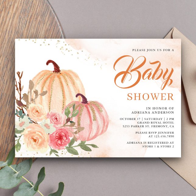 Rosa och Persika Pumpa Blommig Höst Bebis Shower Inbjudningar (Skapare uppladdad)