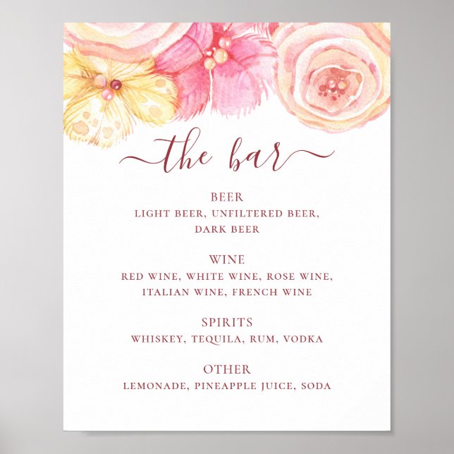 Rosa och persiko-blommigten bröllop pub. Alkoholdr Poster (Framsidan)