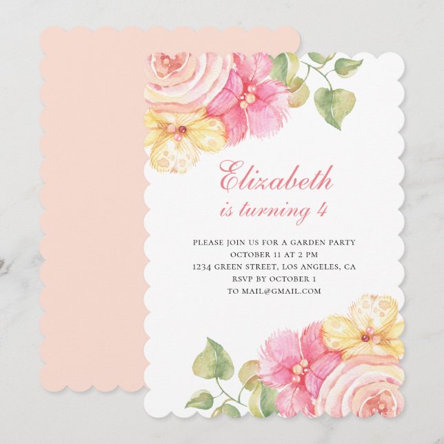 Rosa och persikoblommor Födelsedagsfesten blommigt Inbjudningar (Fram/baksida)