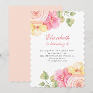 Rosa och persikoblommor Födelsedagsfesten blommigt Inbjudningar