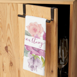 Rosa och persikofärgade vattenfärg blommor personl kökshandduk