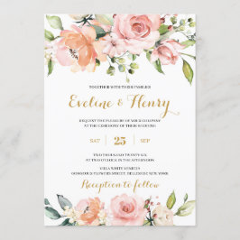  rosa och persikor blommigt och guld boho bröllop inbjudningar