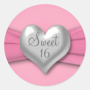 Rosa och Pewter Heart Sweet sixteen 1,5" - etikett